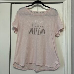 Rae Dunn Hello Weekend Womens Pink Graphic Tee Shirt Top XL Polyester Spandex